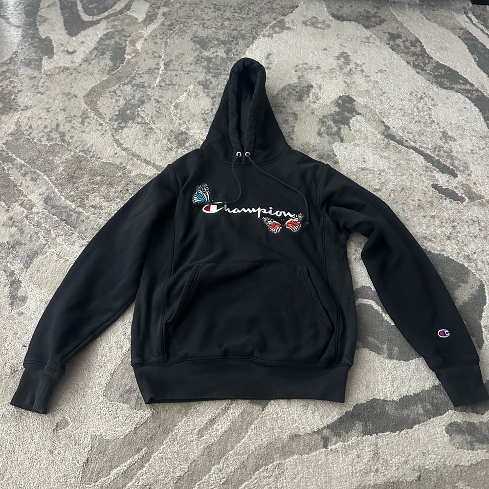 Champion Black Hoodie with Embroidered Logo and Butterfly Details